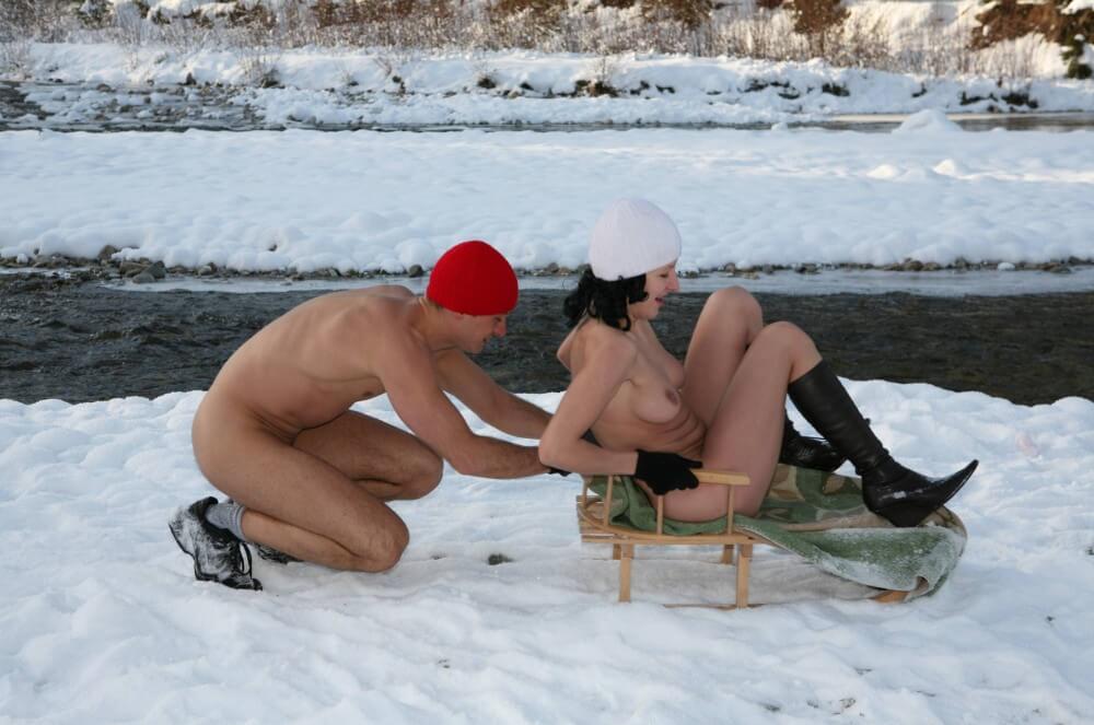 Naturist Girl Snow Day Couples Sled pics - Interaction with Nature Through Naturism